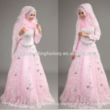 2015 neue Ankunft wulstes appliqued Großhandel billig rosa Spitze langes Hülse Muslimisches Hochzeitskleid mit hijab CCWFw02